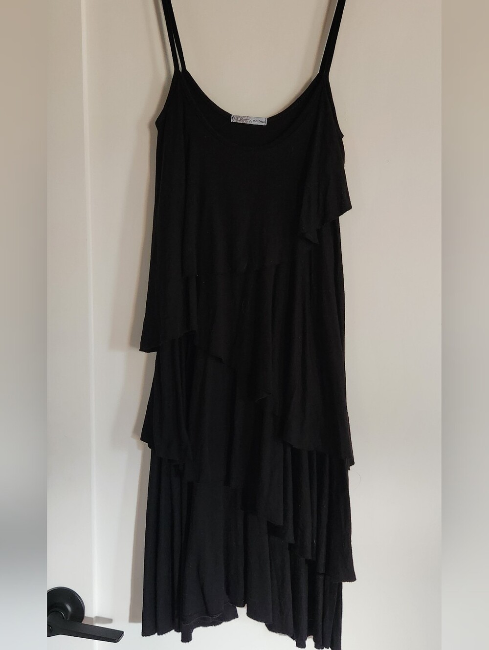 Black Spaghetti Strap Tiered Flounce Mini Dress S
